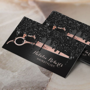 Hair Stylist Black Glitter Drips Rose Gold Salon Business Card