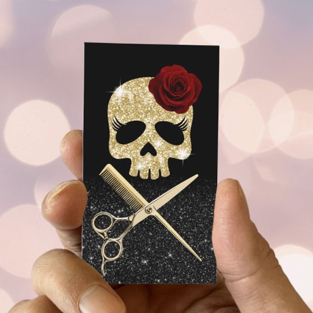 Hair Stylist Black & Gold Skull Beauty Salon Business Card (Creator Uploaded)