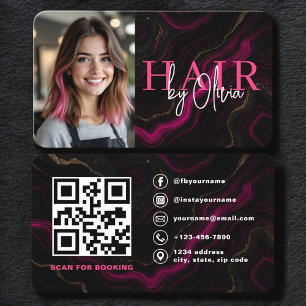 Hair Stylist Black Pink Photo QR Code Business Card