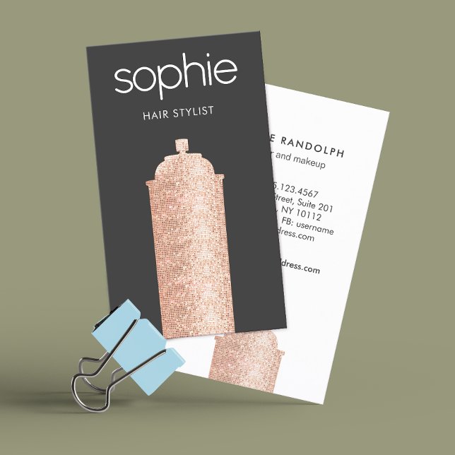  Hair Stylist Black Salon Rose Gold Hair Spray  Business Card (Creator Uploaded)