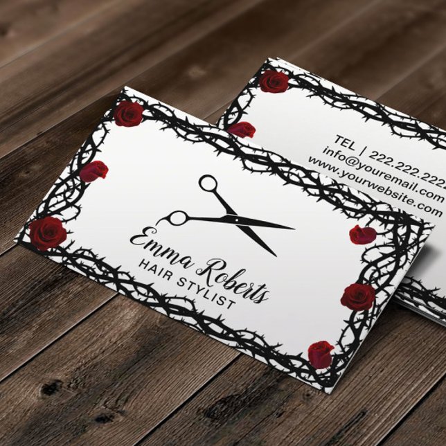 Hair Stylist Black Scissor Red Rose & Thorn Framed Business Card (Creator Uploaded)