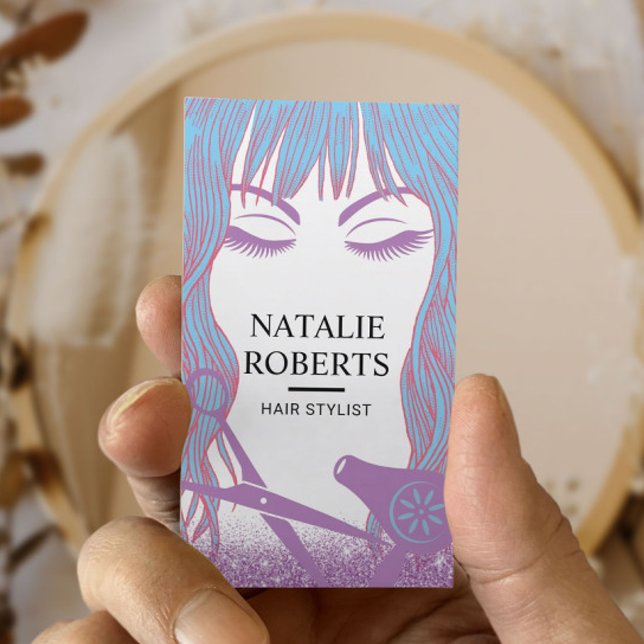 Hair Stylist Blue Hair Beauty Girl Lavender Salon Business Card (Creator Uploaded)
