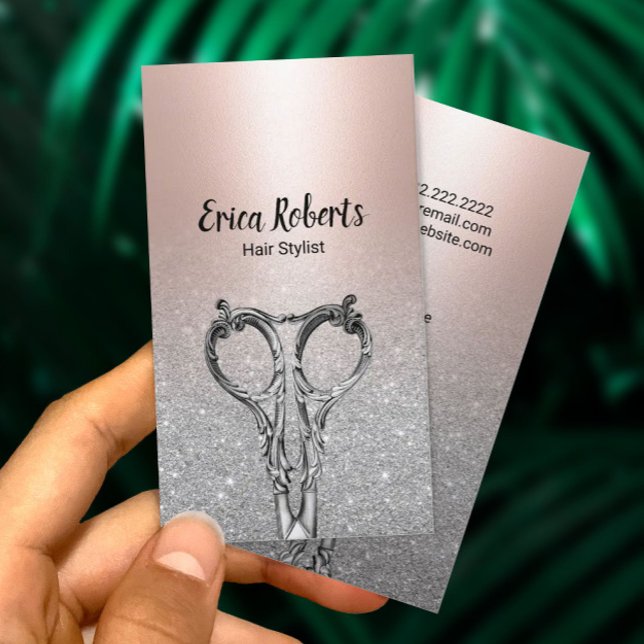 Hair Stylist Blush Rose Gold Silver Glitter Business Card (Creator Uploaded)