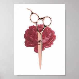 Hair Stylist Burgundy Flower & Rose Gold Scissor Poster