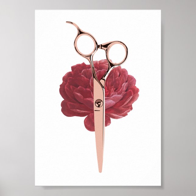 Hair Stylist Burgundy Flower & Rose Gold Scissor Poster (Front)