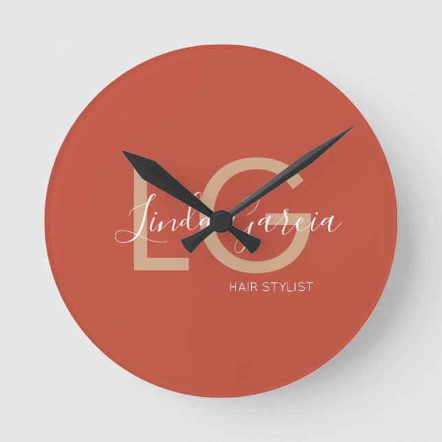  Hair Stylist Burnt Orange Beige Monogrammed       Round Clock (Front)