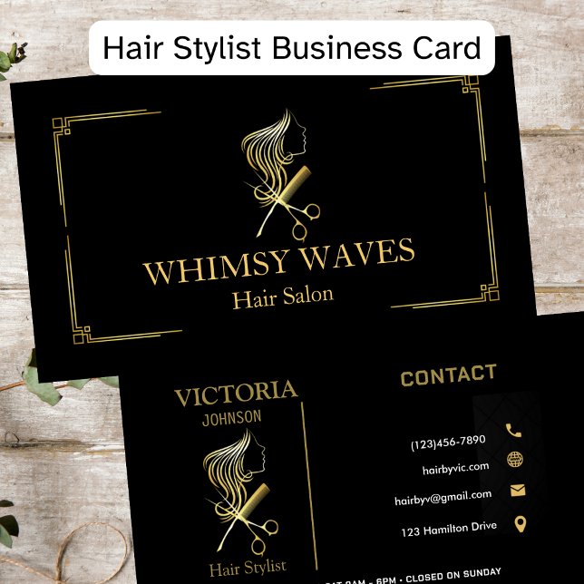Hair Stylist Chic Black & Gold Beauty Salon  Business Card (Creator Uploaded)