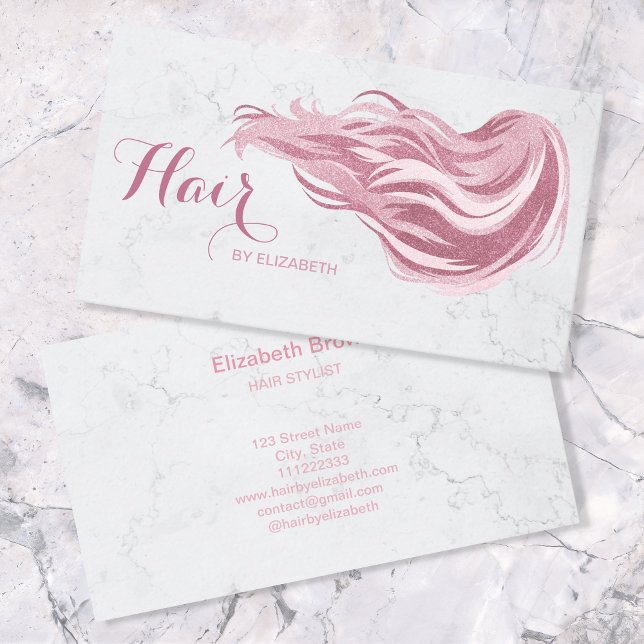 Hair Stylist Chic Pink Glitter Marble Beauty Salon Business Card (Creator Uploaded)