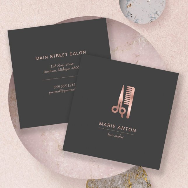 Hair Stylist Chic Rose Gold Scissors Comb Grey Square Business Card (Creator Uploaded)