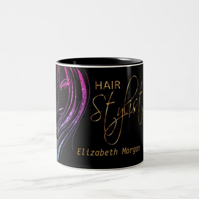 Hair Stylist Colourful Glitter Girl Two-Tone Coffee Mug (Center)