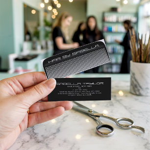 Hair stylist comb modern black hair salon branding mini business card