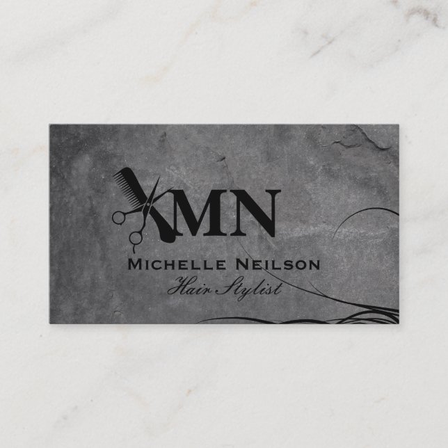 Hair Stylist | Comb Scissors | Monogram Business Card (Front)
