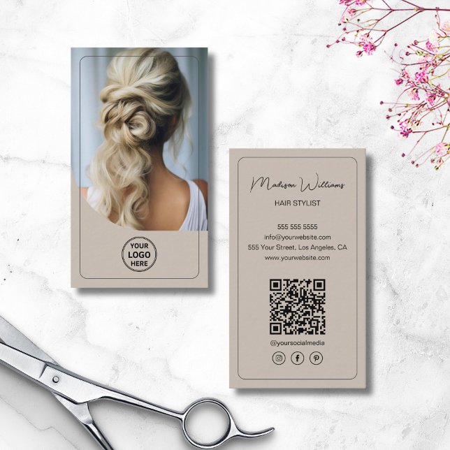 Hair Stylist Custom Logo Photo QR Code Beige Business Card (Hair Stylist Custom Logo Photo QR Code Beige Business Card)