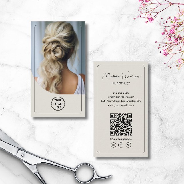 Hair Stylist Custom Logo Photo QR Code Business Card (Hair Stylist Custom Logo Photo QR Code Business Card)