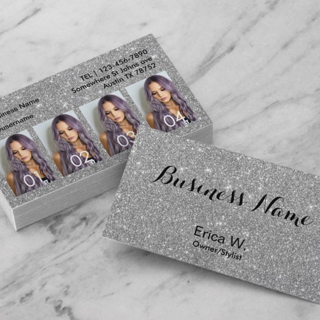 Hair Stylist Custom Photo Modern Silver Glitter Business Card (Creator Uploaded)