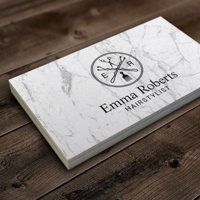 Hair Stylist Custom Salon Logo Modern White Marble Business Card (Creator Uploaded)