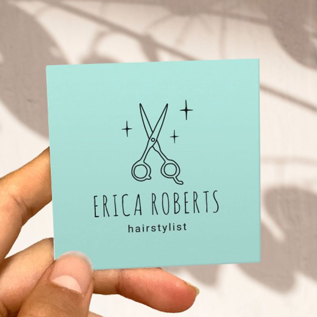 Hair Stylist Cute Scissor Minimalist Mint Green Square Business Card (Creator Uploaded)