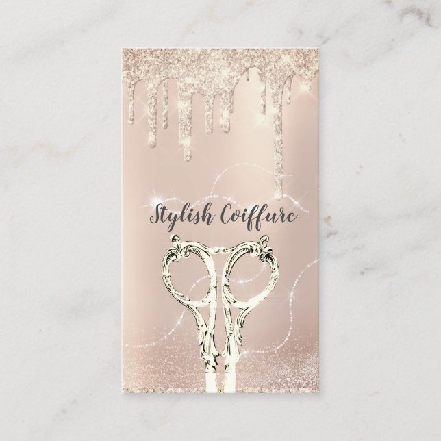 Hair Stylist Drip Glitter Coiffure Gold Scissors Business Card (Front)