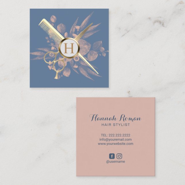Hair Stylist Dusty Blue & Pink Botanical Salon Square Business Card (Front/Back)