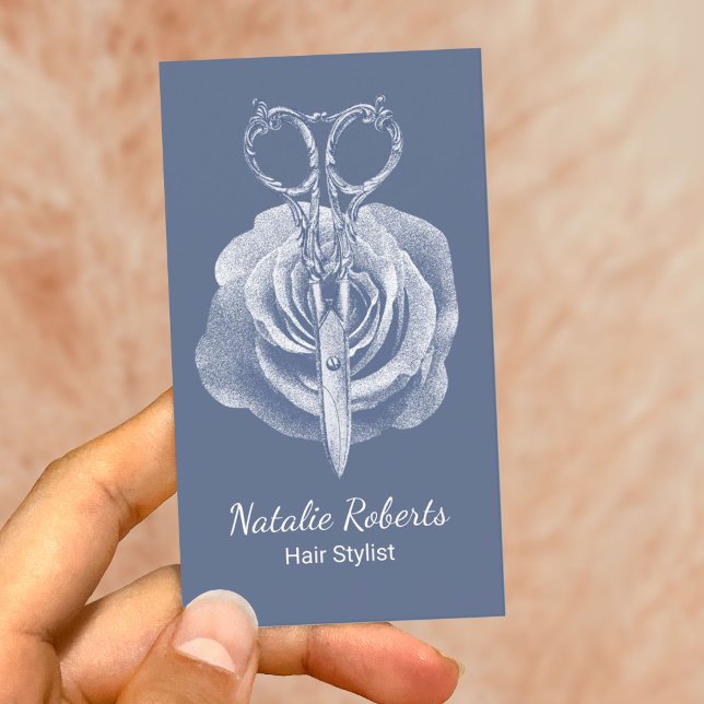 Hair Stylist Dusty Blue Scissor & Flower Salon Business Card (Creator Uploaded)