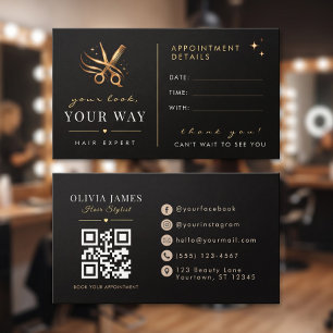 Hair Stylist Elegant Black Gold Scissors Custom Appointment Card