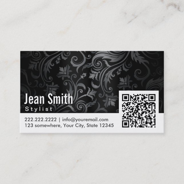Hair Stylist Elegant Black & White Floral QR Code Business Card (Front)