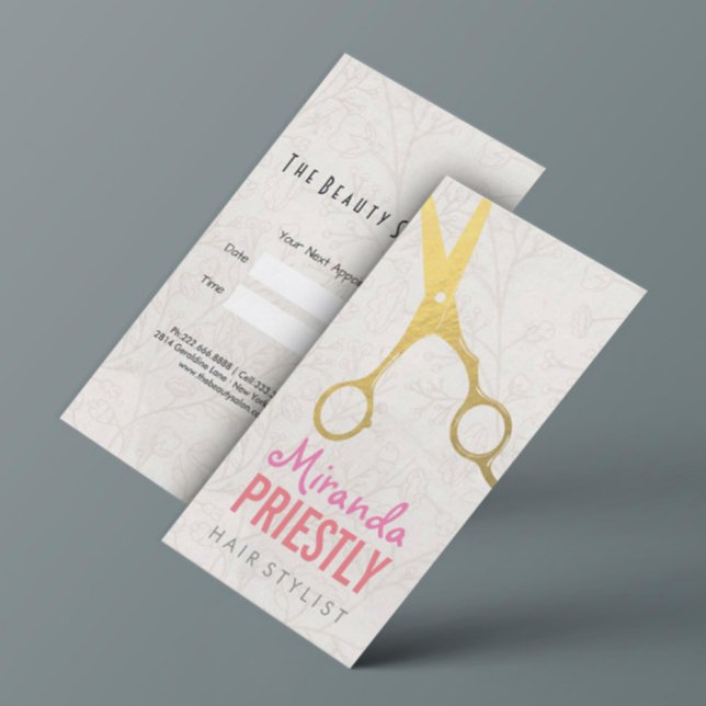 Hair Stylist Elegant Faux Gold Scissors Floral Appointment Card (Creator Uploaded)