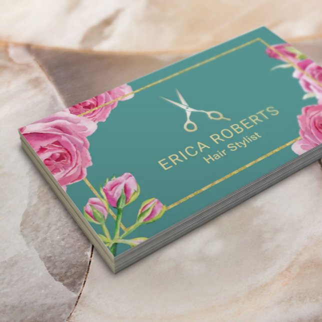 Hair Stylist Elegant Floral Gold Scissor Salon Business Card (Creator Uploaded)