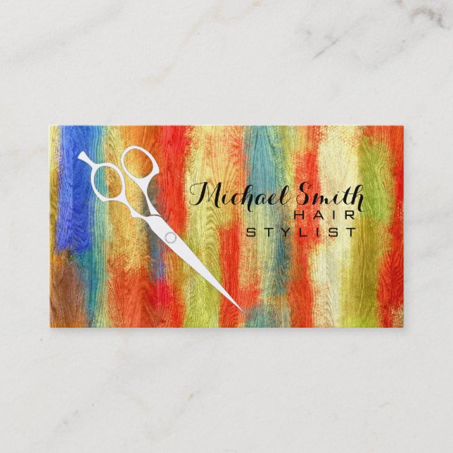 Hair Stylist Elegant Modern Colourful Wood #3 Business Card (Front)