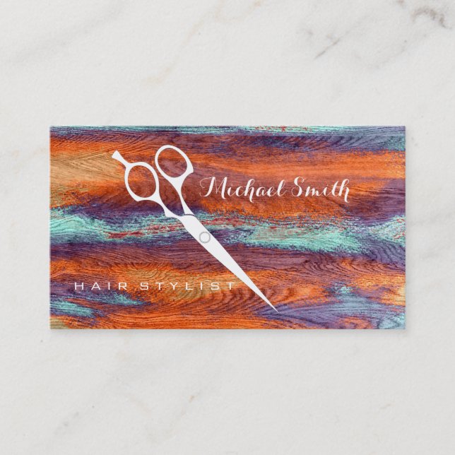Hair Stylist Elegant Modern Retro Colour Wood #7 Business Card (Front)