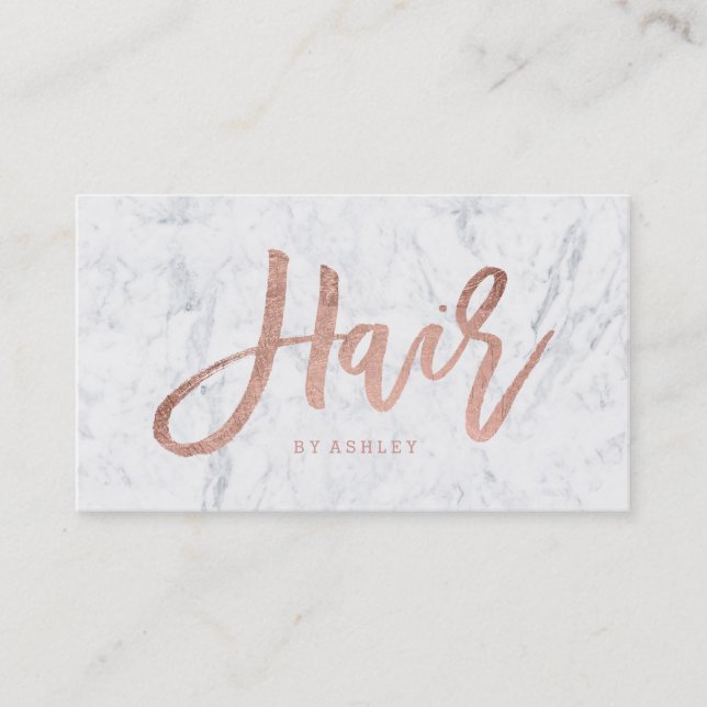 Hair stylist elegant rose gold typography marble business card (Front)