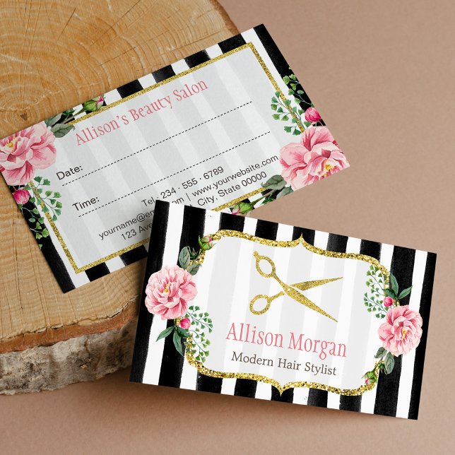 Hair Stylist Floral Gold Scissors Appointment Card (Creator Uploaded)