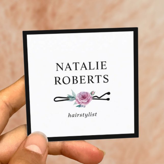 Hair Stylist Flower Bobby Pin Minimalist Frame Square Business Card (Creator Uploaded)