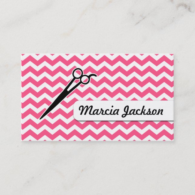 hair stylist girly pink chevron scissors business card (Front)