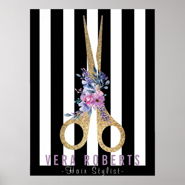 Hair Stylist Glitter Scissor & Beauty Striped Poster (Front)