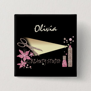 Hair Stylist Glitter Shiny Scissor Flowers Beauty 15 Cm Square Badge