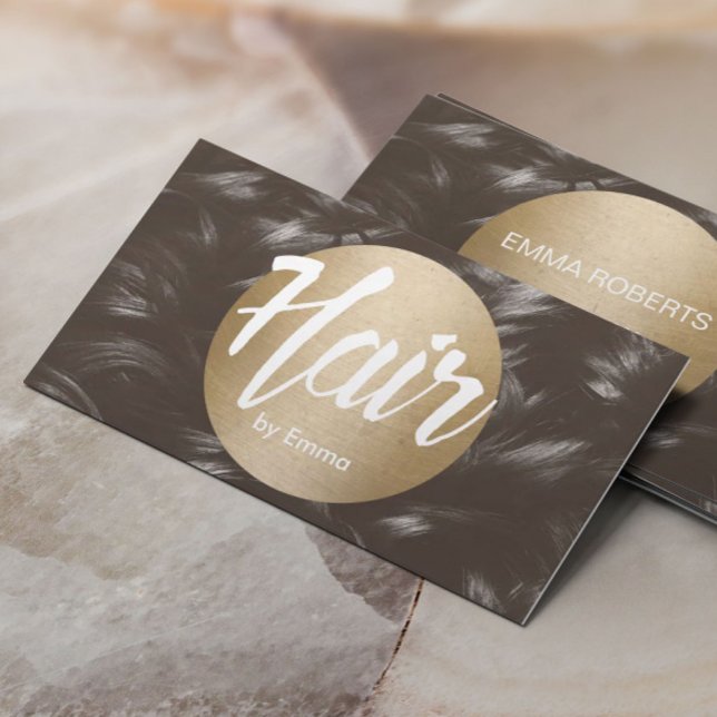 Hair Stylist Gold Circle Brown Hair Background Business Card (Creator Uploaded)