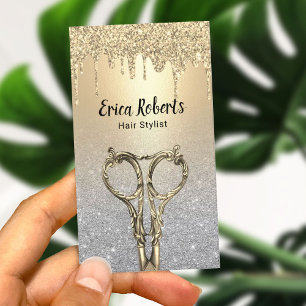 Hair Stylist Gold Drips Silver Glitter Salon Business Card