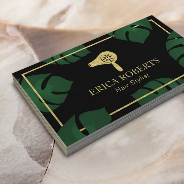 Hair Stylist Gold Dryer Logo Tropical Salon Spa Business Card (Creator Uploaded)