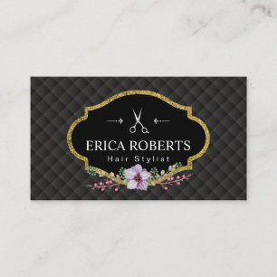 Hair Stylist Gold Floral Label Luxury Dark Quilted Business Card
