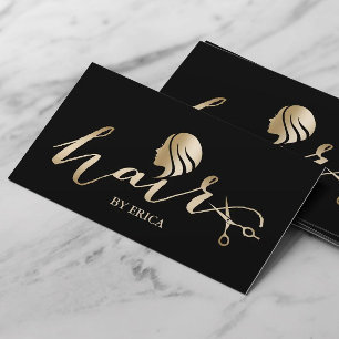 Hair Stylist Gold Girl & Scissor Elegant Script Business Card