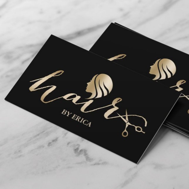 Hair Stylist Gold Girl & Scissor Elegant Script Business Card (Creator Uploaded)