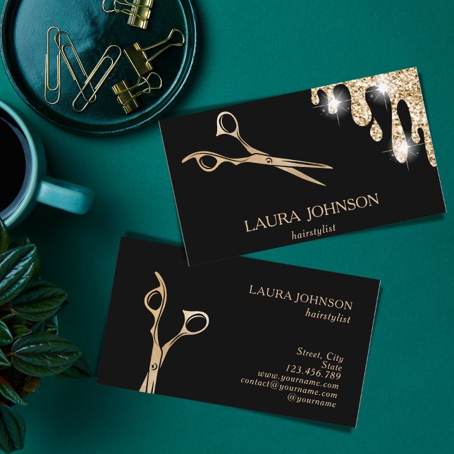 Hair Stylist Gold Glitter Drips Scissors Business Card (Creator Uploaded)