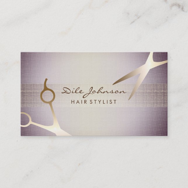 Hair Stylist Gold Glitter Saloon Linen Lavender Business Card (Front)