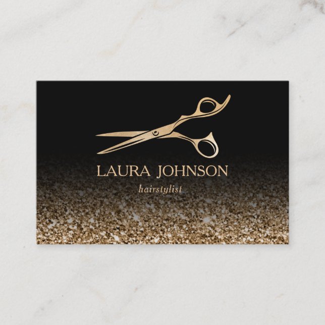 Hair Stylist Gold Glitter Scissors Business Card (Front)