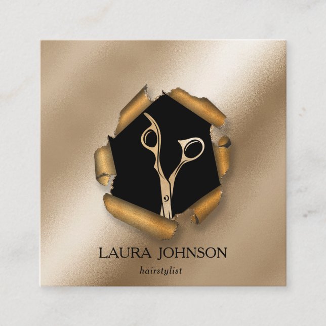 Hair Stylist Gold Glitter Scissors Square Business Card (Front)