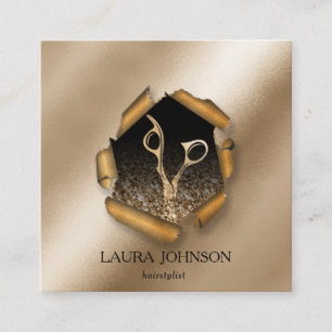 Hair Stylist Gold Glitter Scissors Square Business Card