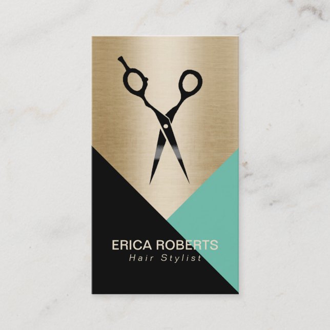 Hair Stylist Gold Green Black Modern Salon Business Card (Front)