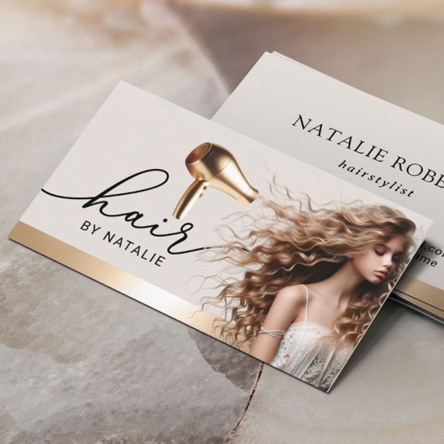Hair Stylist Gold Hair Dryer Beauty Girl Salon Business Card (Creator Uploaded)
