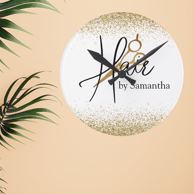 Hair Stylist Gold Personalised Scissors Round Clock (Creator Uploaded)